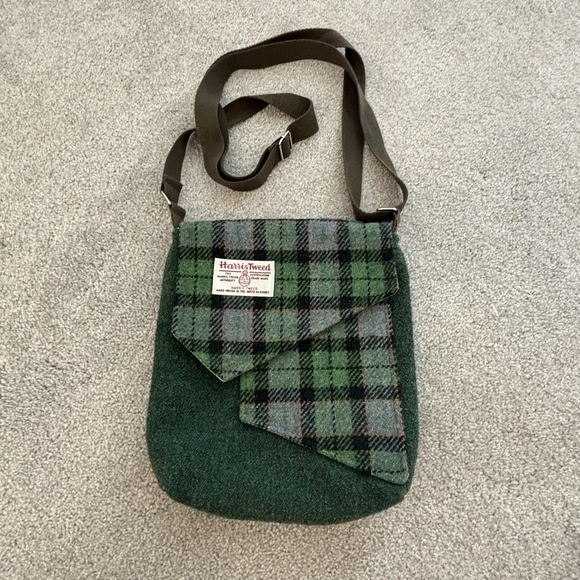 Harris Tweed Shoulder Crossbody Bag Green Gray Tartan Plaid Wool Prep Scotland - Picture 1 of 12